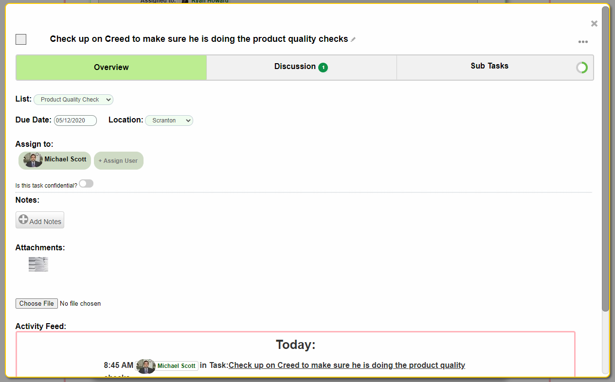 Task details panel showing attachments and discussion