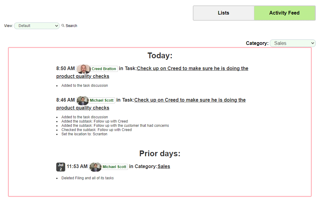 Activity feed showing recent progress across tasks