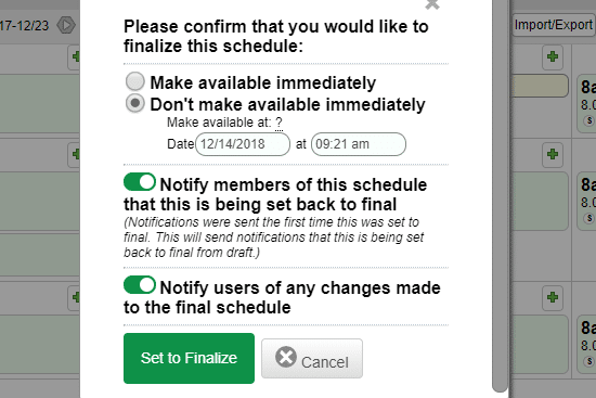 Publish schedule with notification options